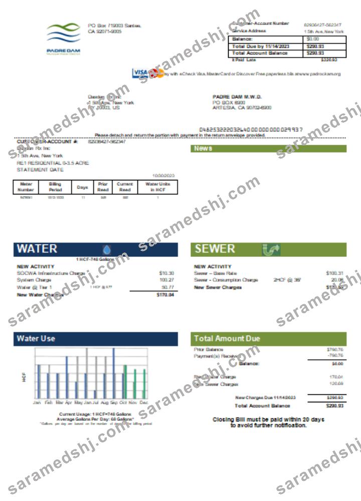 Padre Dam Municipal Water District utility business bill, SCR